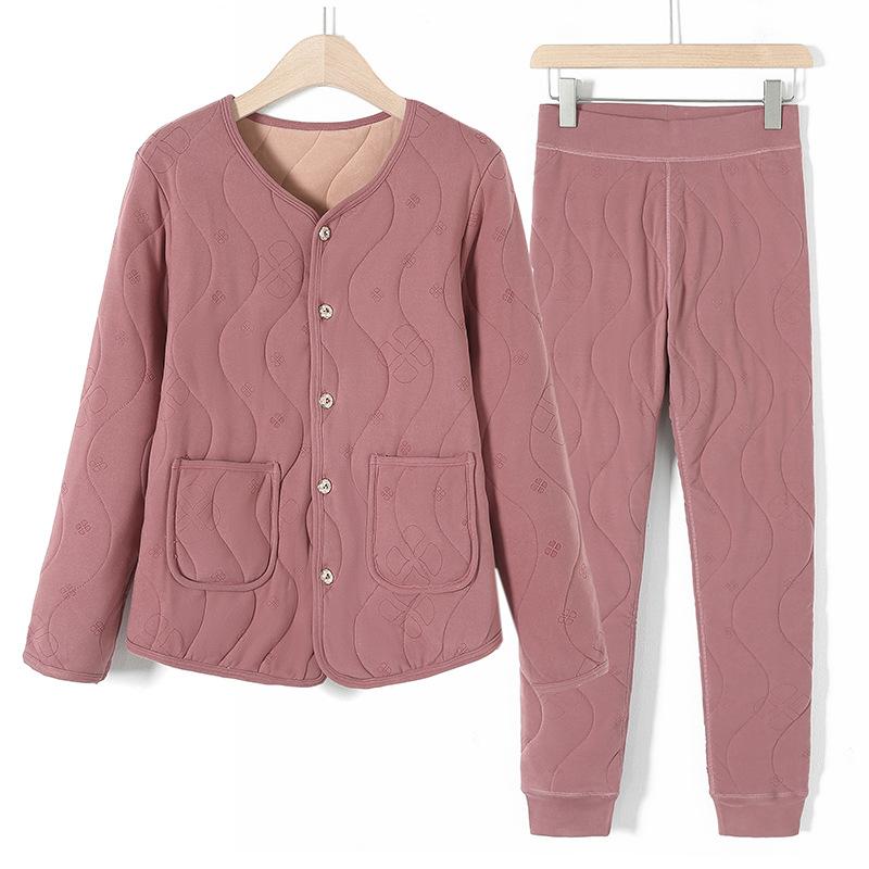 保温インナー レディース 中高年女性向け 冬物 裏起毛 厚手 あったか 上下セット 長袖長ズボン 丸首 ルームウェア パジャマ 部屋着 ダスティピンク ライトパープル