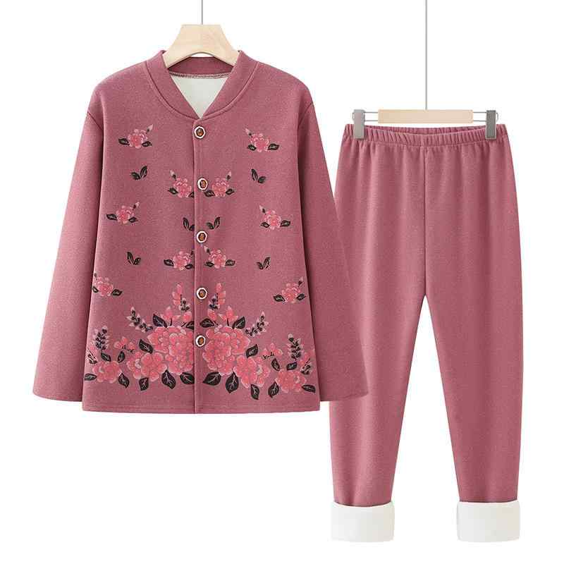 インナーセット レディース 高齢者 シニア ミセス お母さん 女性用 裏起毛 厚手 極暖 あったか 保温 防寒 前開き 長袖 長ズボン 上下組 やわらか 肌着 パジャマ ルームウェア 部屋着 秋冬 ワインレッド ベージュ モカ