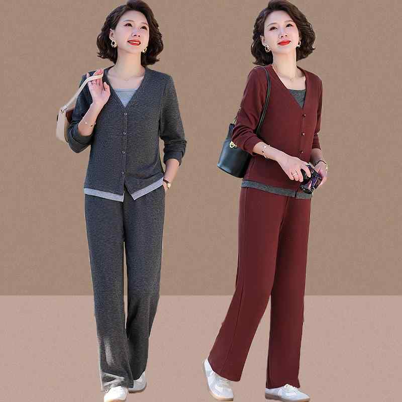 セットアップ レディース ミセス カジュアル スポーツウェア フェイクツーピース おしゃれ エレガント 春夏 ポリエステル 中厚手 大きいサイズ 長ズボン ポケット付き