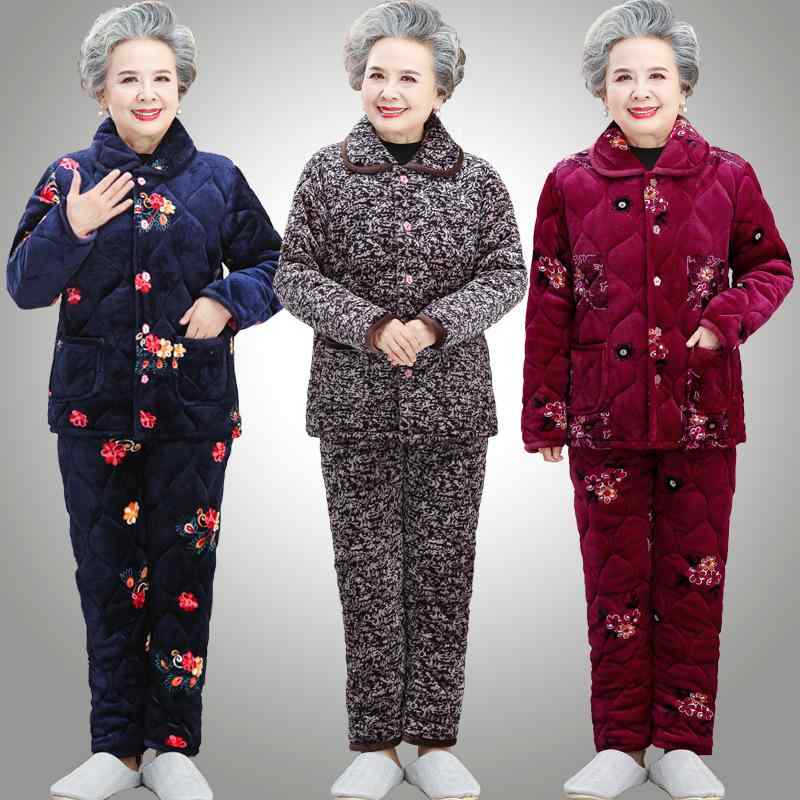 ルームウェア パジャマ レディース 高齢者向け おばあちゃん ママ フランネル 厚手 裏起毛 中綿入り 三層構造 暖か 冬用 長袖 前開き 襟付き ロングパンツ セットアップ