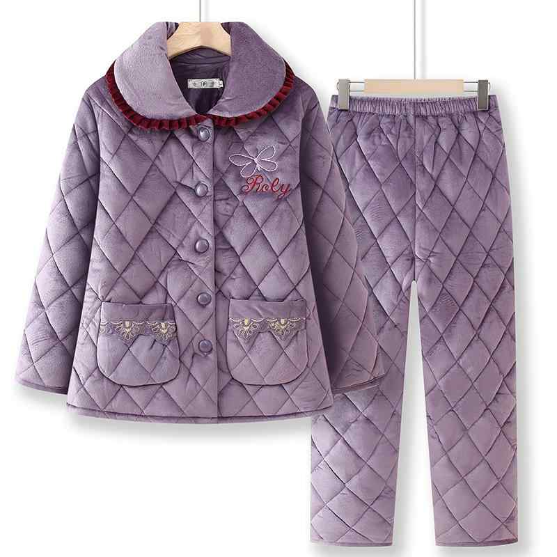 ルームウェア 婦人 秋冬 フランネル ポリエステル 前開き 襟付き 長袖 長ズボン 上下セット 三層キルティング 裏ボア 極厚 保温 あったか 防寒 部屋着 普段使い パジャマ パープル系