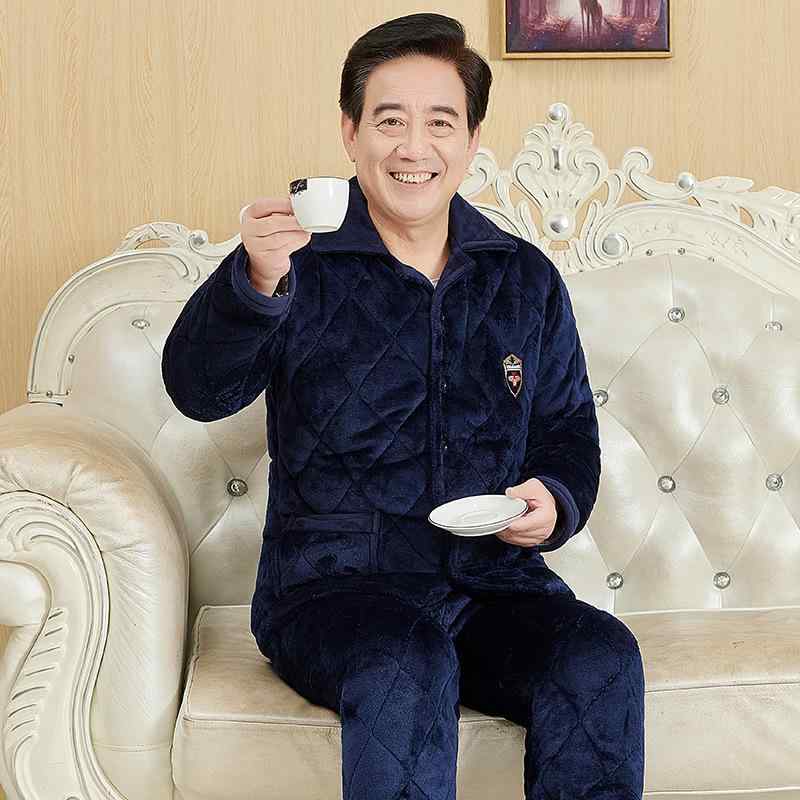 パジャマ メンズ 中高年 シニア向け 秋冬 厚手 裏起毛 中綿入り 暖かい 保温 長袖 長ズボン 襟付き シンプル カジュアル サンゴフリース ルームウェア 部屋着 上下セット セットアップ