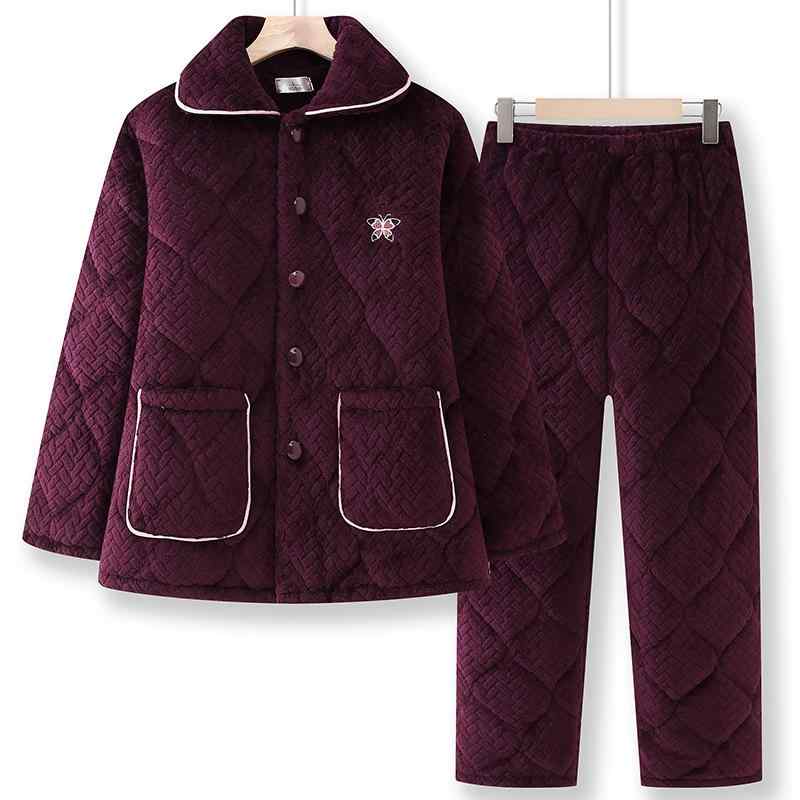 ルームウェア レディース 女性用 高齢者 ミセス シニア 祖母向け 冬 フランネル ポリエステル 厚手 裏起毛 三層中綿入り 保温 暖かい あったか 長袖 長ズボン 襟付き パジャマ 部屋着 セットアップ 上下セット 快適