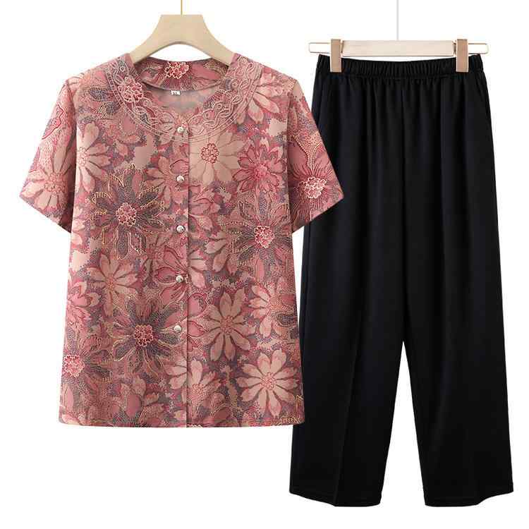 半袖トップス シニア レディース 春夏 薄手 ゆったり ルーズ 花柄 前開き 開襟シャツ カジュアル 普段着 ミセス 祖母 母 婦人服 レッド グリーン 上下セット ツーピース