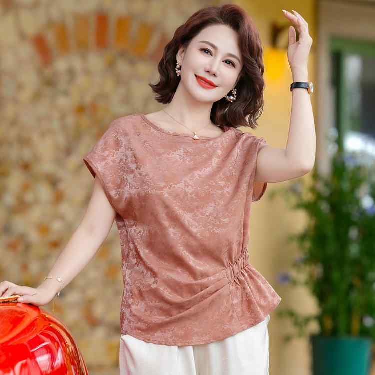 トップス ミセス 女性用 半袖 Tシャツ ブラウス 夏 着痩せ 若見え ゆったり 体型カバー 丸首 おしゃれ きれいめ 花柄 刺繍 普段使い カジュアル 着回し ポリエステル混