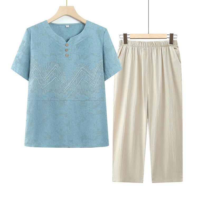 セットアップ ミセス ママ Vネック 半袖 トップス ゆったり リラックスフィット 無地 薄手 レース かぎ編み ポリエステル ストレッチ 長ズボン 春夏 2点セット