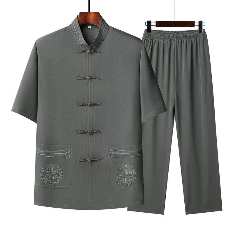 セットアップ メンズ 中高年 チャイナ風 唐装 半袖 シャツ トップス 長ズボン ゆったり リラックスフィット 春夏 カジュアル 普段使い 部屋着 ポリエステル混紡 グレー系 ネイビー