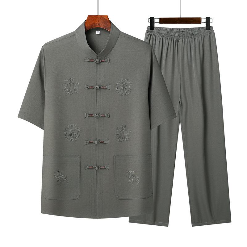 メンズ シャツ セットアップ 中高年 男性用 シニア お父さん 半袖 長ズボン ゆったり ルーズフィット カジュアル チャイナ風 ポリエステル混紡 夏 普段着 リラックス 快適 薄手
