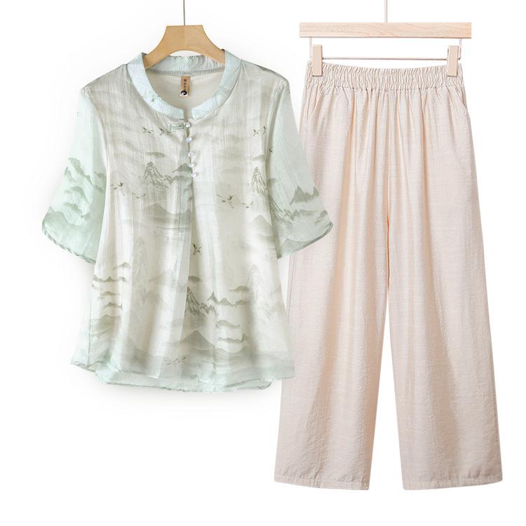 Tシャツ レディース ミセス 春夏 大きいサイズ カジュアル 半袖 トップス 上下セット ポリエステル ボタン 薄手 ロングパンツ プルオーバー 体系カバー おしゃれ きれいめ ゆったり