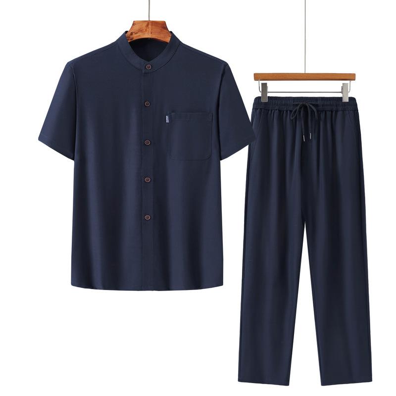 チャイナ風 セットアップ メンズ 男性用 シニア 中高年 お父さん 祖父 薄手 軽量 半袖シャツ 長ズボン 上下セット カジュアル 普段着 部屋着 リラックスウェア 春夏 ポリエステル混紡 涼しい 通気性