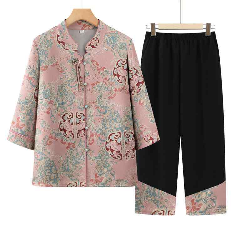 セットアップ レディース シニア向け 春夏 半袖トップス 立ち襟 スタンドカラー チャイナ風 中華風 ゆったり ルーズ 薄手 ツーピース ポリエステル 長ズボン カーディガン 普段使い カジュアル レッド グレー カーキ