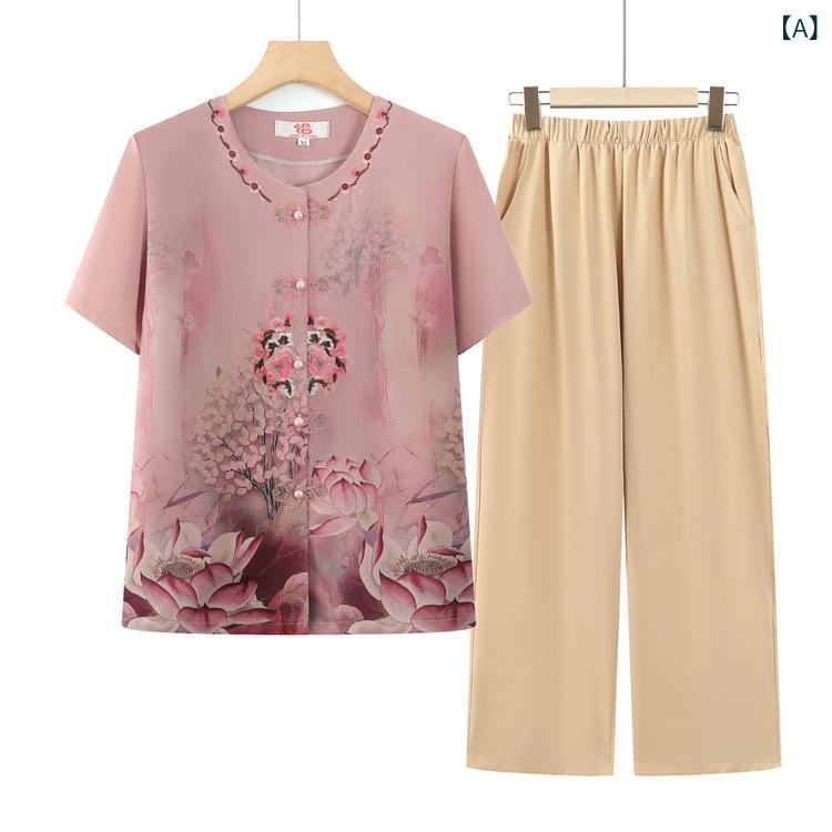 セットアップ レディース シニア向け 中高年 ミセス 春夏 半袖 丸首 ラウンドネック トップス シャツ ブラウス ロングパンツ 長ズボン カジュアル 普段着 ゆったり ルーズフィット 薄手 花柄 ポリエステル スパンデックス
