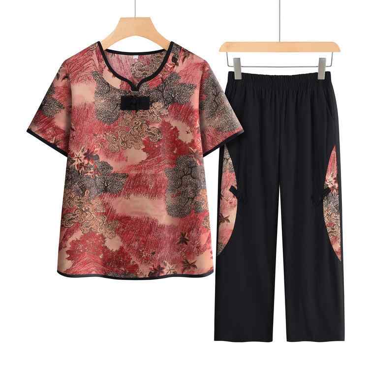 セットアップ レディース シニア 春夏 カジュアル 上下セット ゆったり 薄手 五分袖 トップス ロングパンツ 長ズボン 花柄 ポリエステル レッド系 ブルー系