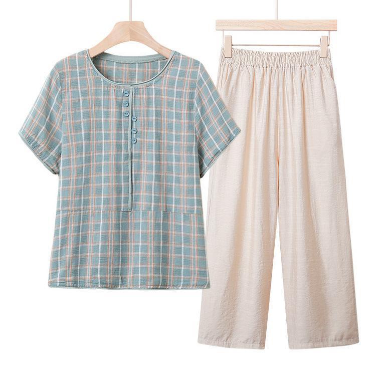 カジュアルセットアップ レディース ミセス 中高年向け 半袖トップス 長ズボン 2点セット 春夏 綿麻 チェック柄 ゆったり ピンク ブルー きれいめ 大人カジュアル 普段使い