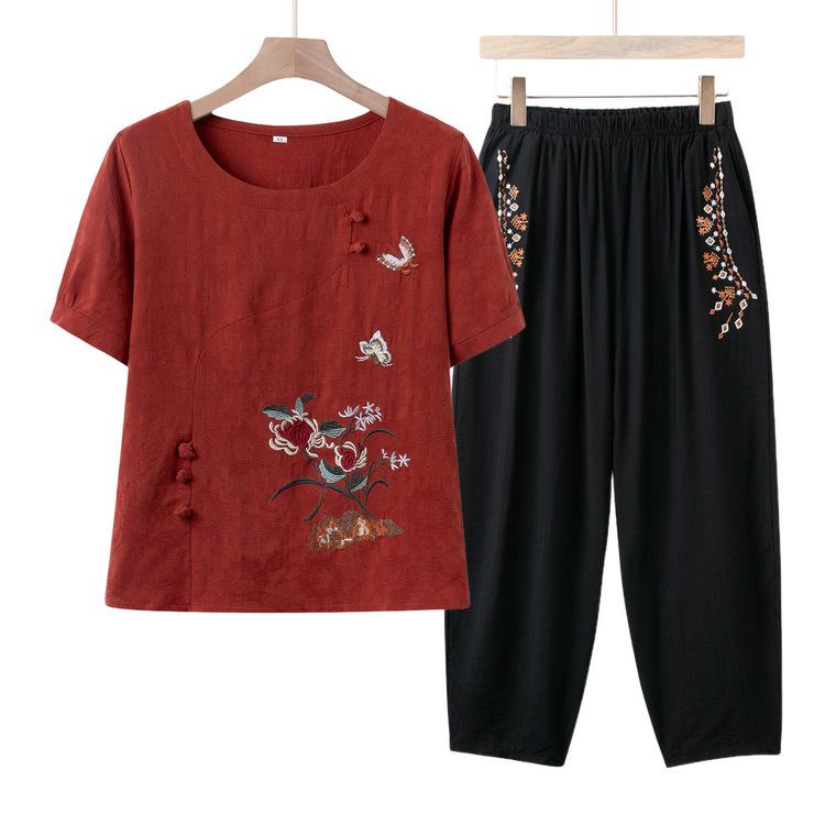 セットアップ レディース 中高年 シニア向け 春夏 半袖 Tシャツ トップス 長ズボン 上下セット カジュアル 普段着 お洒落 婦人服 ゆったり 薄手 涼しい ポリエステル 伸縮性 リラックス