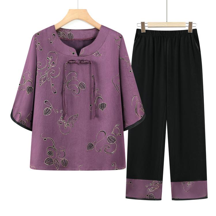 セットアップ レディース シニア 60代 70代 ママ 祖母 春夏 半袖 開襟シャツ 長ズボン 花柄 ゆったり 薄手 ポリエステル ツーピース カジュアル