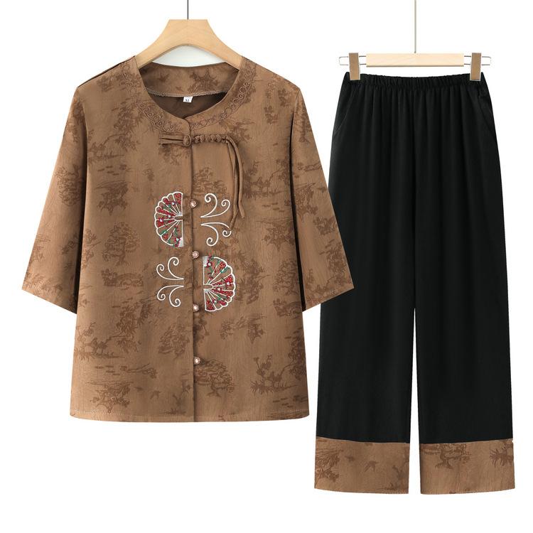 セットアップ レディース 中高年 女性 ミセス ママ 50代 60代 半袖シャツ 薄手 ゆったり 大きいサイズ 花柄 クロシェ編み 開襟 2点セット ポリエステル混 長ズボン 春夏 普段使い