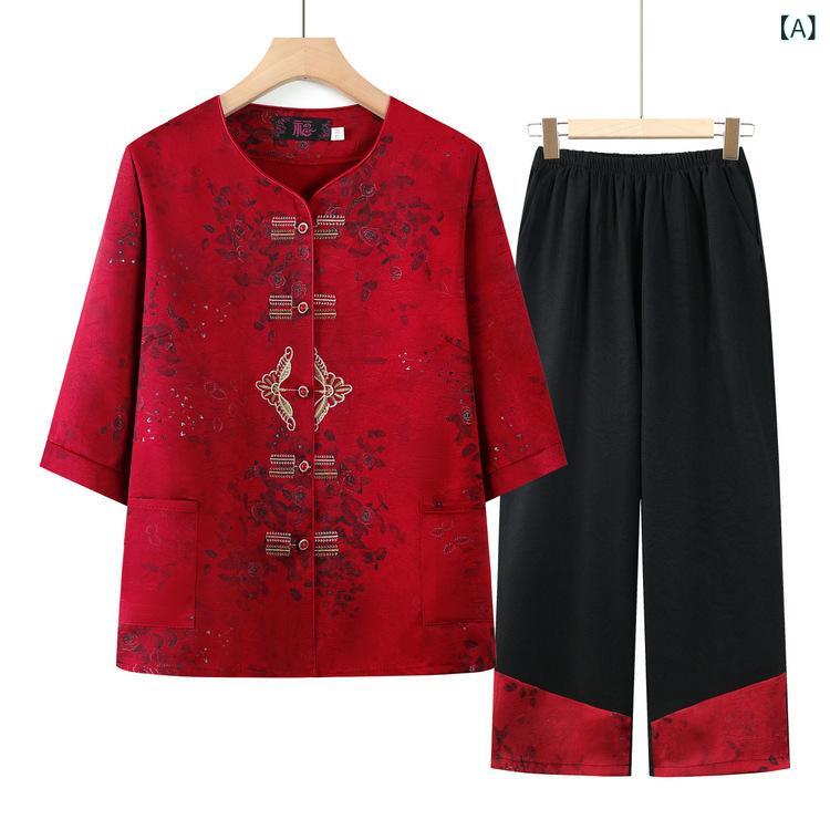 セットアップ レディース 中高年 母親 シニア向け チャイナ風 花柄 羽織り カーディガン Tシャツ 薄手 ゆったり ポリエステル 伸縮性 カジュアル 春夏