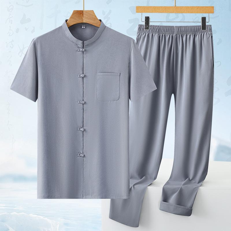 セットアップ メンズ 中高年 男性用 シニア 薄手 カジュアル ゆったり 半袖シャツ 長ズボン 唐装 漢服 春夏 普段着 ルームウェア グレー系 ポリエステル混紡