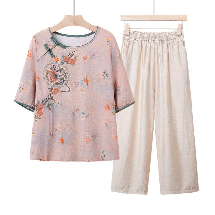 セットアップ レディース ミセス 春夏 花柄 半袖 ラウンドネック ゆったり リラックスフィット ピンク 上品 普段使い お出かけ