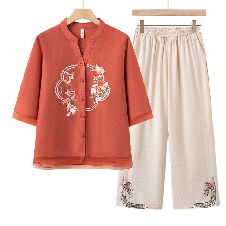 セットアップ 中老年女性 ミセス 春夏 半袖 カーディガン 長ズボン ゆったり チャイナ風 刺繍 ポリエステル 薄手 植物花柄 普段使い お出かけ