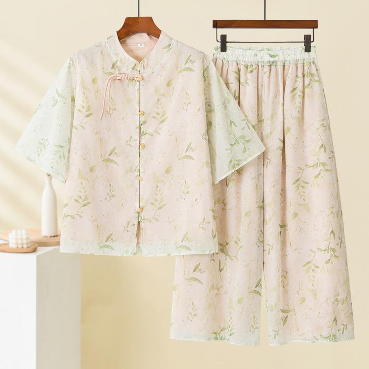 セットアップ レディース ミセス チャイナ風 チャイナボタン 開襟 トップス ワイドパンツ カジュアル 高級感 小花柄 ゆったり 薄手 ポリエステル 春夏