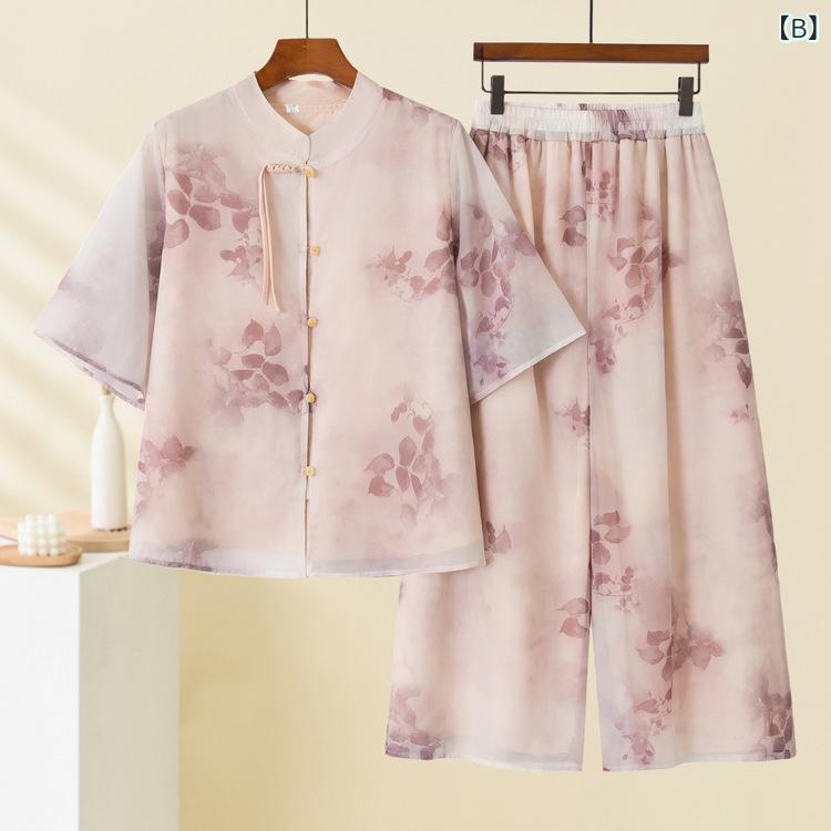 セットアップ レディース ミセス チャイナ風 チャイナボタン 開襟 トップス ワイドパンツ カジュアル 高級感 小花柄 ゆったり 薄手 ポリエステル 春夏