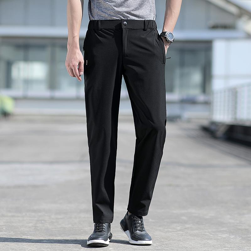 カジュアルパンツ メンズ 男性用 ノーアイロン 4WAYストレッチ 伸縮性 春夏 薄手 接触冷感 吸湿速乾 スリム ストレート ゆったり ビジネス ビジネスカジュアル 通勤 オフィス ミドルエイジ ナイロン素材 無地 ブラック ネイビー グレー