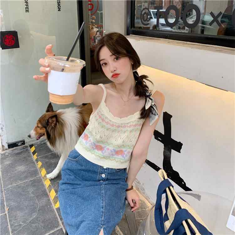 ニットキャミソール レディース 夏 高感度 フレンチテイスト 韓国 上品 フェミニン 花柄 切り替え ショ..