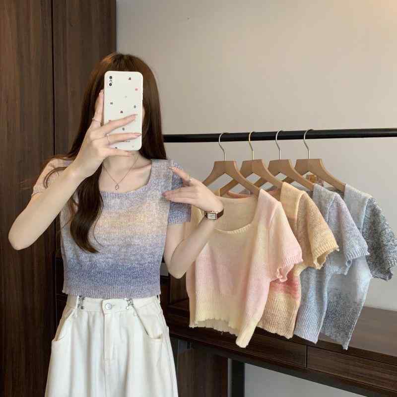 ニット レディース 春夏 配色 切り替え スクエアネック プルオーバー 半袖 ショート丈 薄手 ポリエステ..