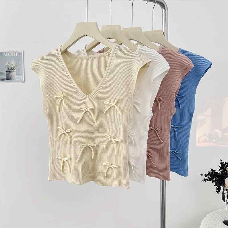 ニット レディース 立体リボン Vネック ノースリーブ スリムフィット 着痩せ ショート丈 春夏 プルオー..