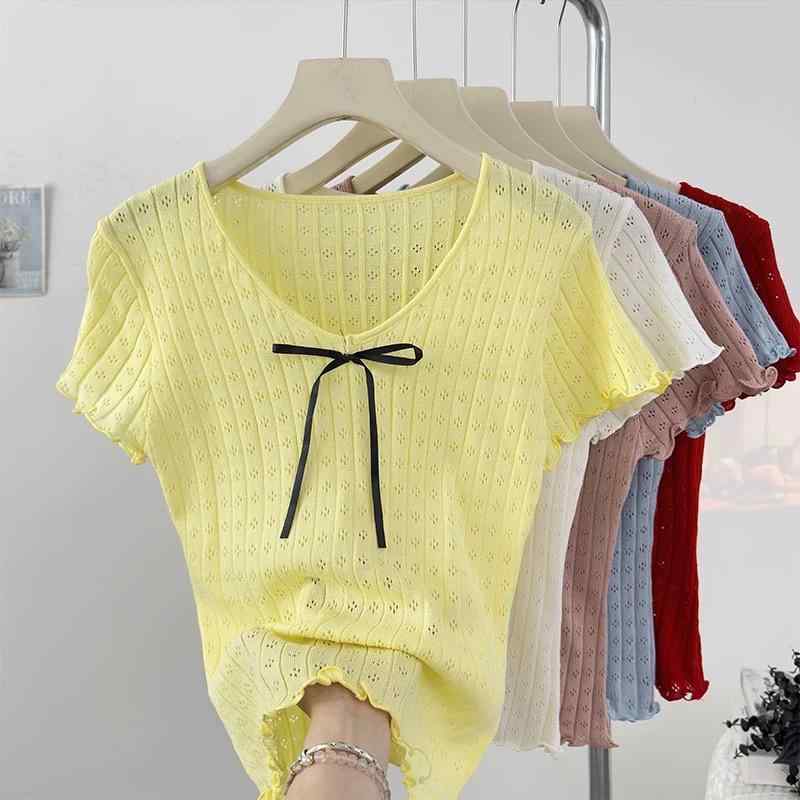 ニットトップス レディース 女性用 半袖 Vネック リボン 蝶結び 透かし編み 接触冷感 スウィート かわ..