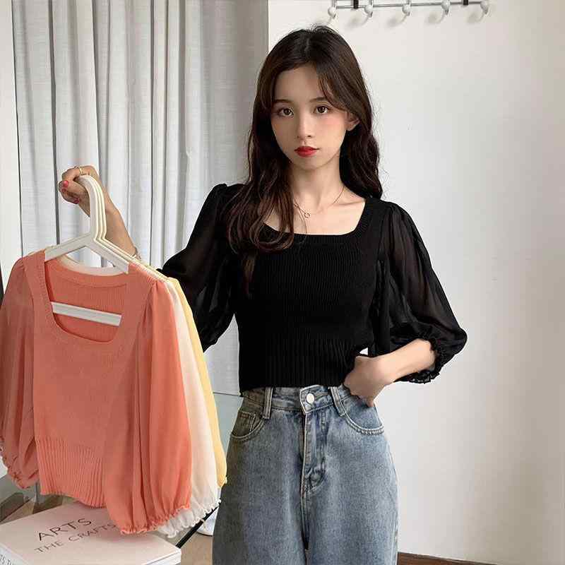 ニット レディース 春夏 スクエアネック 無地 切り替え シフォン 五分袖 薄手 若見え スリム スタイルアップ 接触冷感 ポリエステル プルオーバー ショート丈 きれいめ フェミニン 普段使い(4)