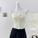 トップス レディース 韓国 ホルターネック 花柄 レース キャミソール 夏 スリムフィット 細見え 裾スリット ショート丈 カジュアル ポリエステル ブラック ホワイト ベージュ