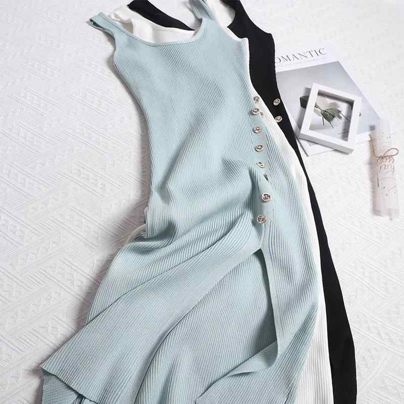 ワンピース レディース 春夏 Uネック ノースリーブ ミディ丈 ボタン スリット 細見え 着痩せ 性 接触冷感 ポリエステル 無地 カジュアル 普段使い 韓国ファッション ブラック ホワイト ブラウン ブルー系 リラックス