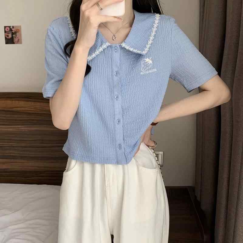 トップス レディース 春夏 ポロ襟 半袖 ショート丈 カーディガン かわいい スリムフィット 刺繍 いちご柄 個性的 薄手 カジュアル ブルー ベージュ