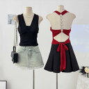 キャミソール レディース ホルターネック Vネック 純欲風 セクシー バックオープン スリムフィット 細見え ショート丈 ポリエステル 伸縮性 春夏 ブラック レッド