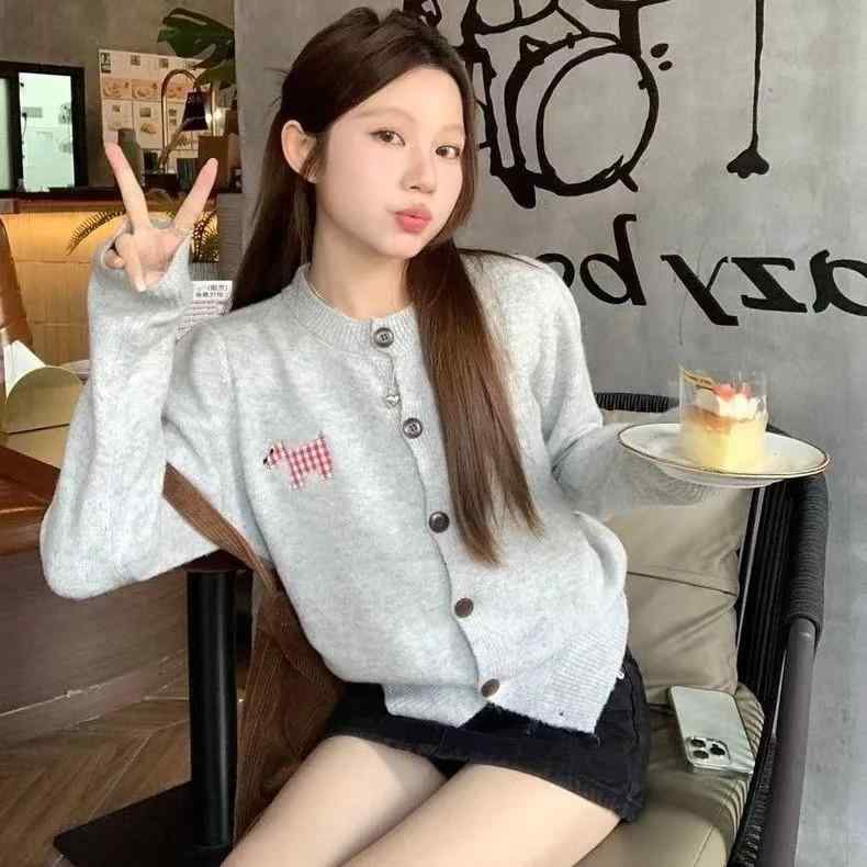 カーディガン レディース 長袖 ラウンドネック ニット 秋冬 韓国 刺繍 動物柄 スリムフィット 細見え ..