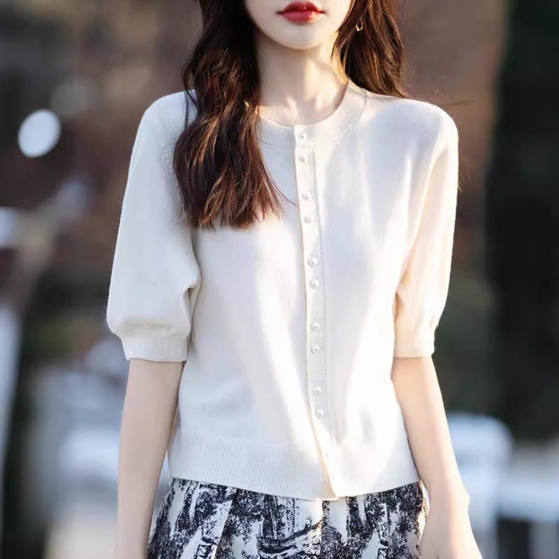 ニットカーディガン レディース 春夏 ラウンドネック パフスリーブ 五分袖 ショート丈 ウエストマーク ..