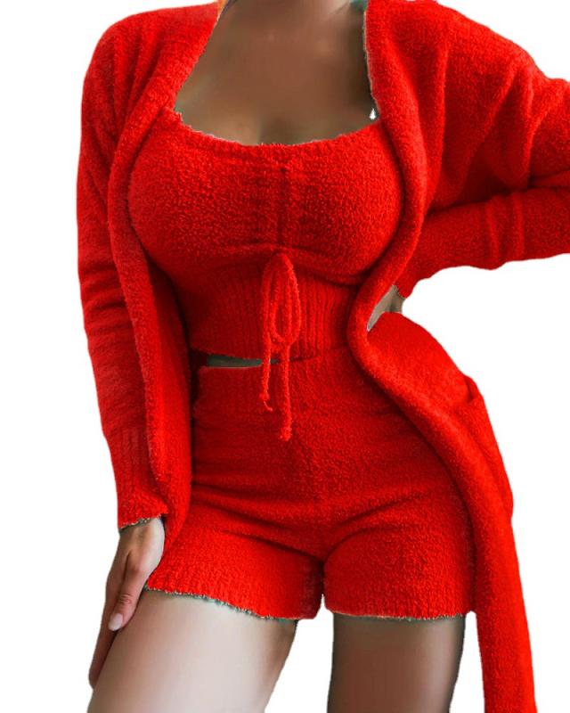 ニット レディース 女性用 3点セット プルオーバー 無地 長袖 パフスリーブ クルーネック 春夏 ルーム..