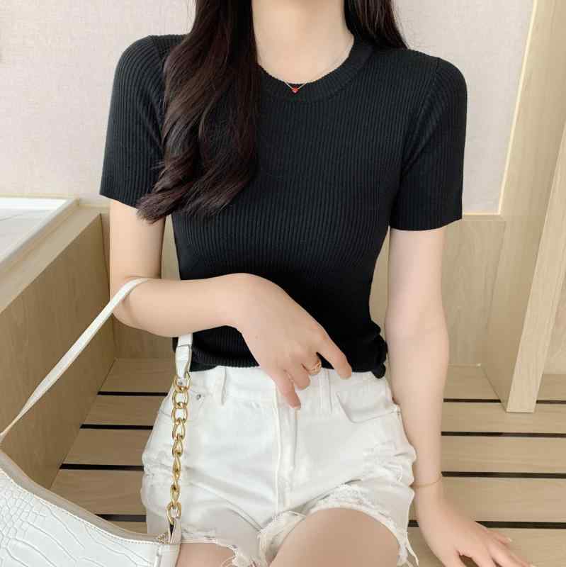 ニット Tシャツ レディース インナー ラウンドネック 半袖 スリムフィット 薄手 接触冷感 ポリエステル マカロンカラー プルオーバー 春夏 カジュアル フェミニン 普段使い 多色展開