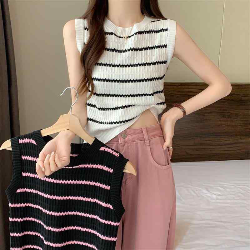 ニットタンクトップ レディース 丸首 ノースリーブ ストライプ柄 スリムフィット ショート丈 春夏 薄手..