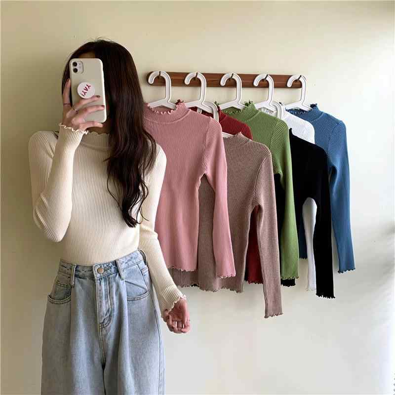 ニット レディース ボトルネック ハイネック 長袖 スリムフィット タイト セーター メロウフリル 無地 ..