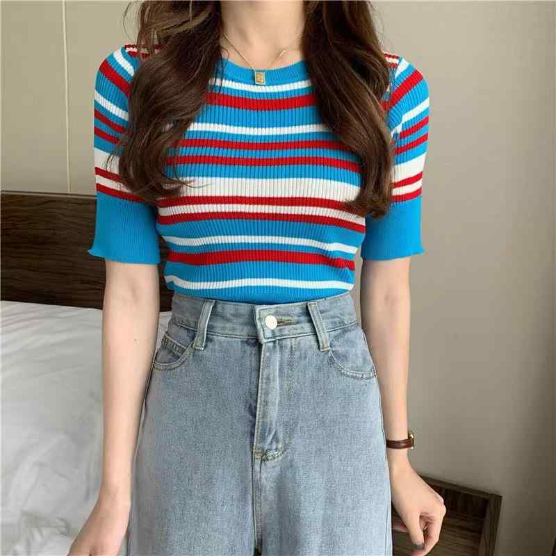 ニット レディース レトロ 春夏 接触冷感 ストライプ 切り替え 半袖 プルオーバー ショート丈 スリムフィット クルーネック アクリル ポリエステル マカロンカラー かわいい トップス カジュアル 普段使い