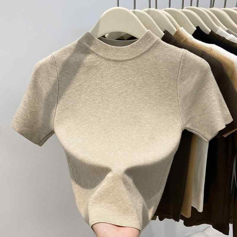 ニット レディース 春夏 無地 ショート丈 半袖 モックネック プルオーバー トップス 接触冷感 インナー..