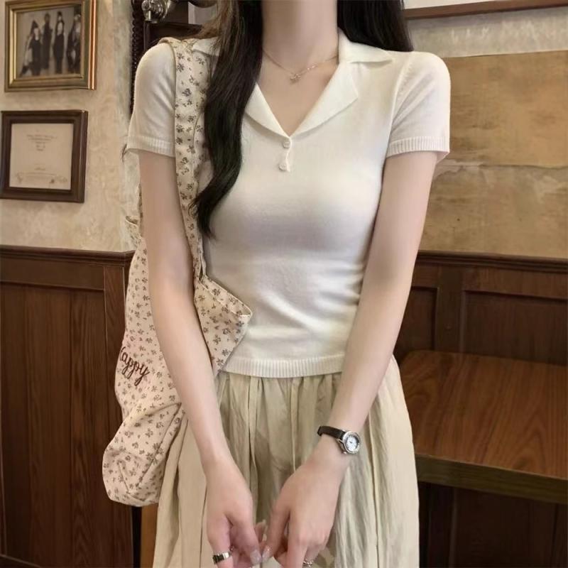 ニット ポロシャツ レディース 襟付き 半袖 スリム 細見え トップス 接触冷感 薄手 春夏 韓国 カジュア..