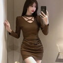 ワンピース レディース ホルターネック 長袖 パフスリーブ 着痩せ効果 スリム タイト ハイウエスト プリーツ セクシー エレガント カジュアル ミニ丈 ポリエステル 秋冬(3)