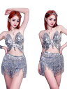 ダンス衣装 レディース シルバー 光沢感 フリンジ ミニスカート セットアップ 伸縮性 ステージウェア ゴーゴー DJ クラブ ナイトクラブ バー パフォーマン...