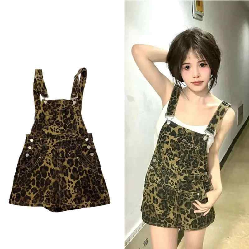 デニムサロペット レディース レトロ アメカジ ヒョウ柄 オーバーオール ショートパンツ キュロット ハイウエスト ゆったり ルーズ 細見え 着痩せ 若見え エイジレス 綿 ウォッシュ加工 春夏