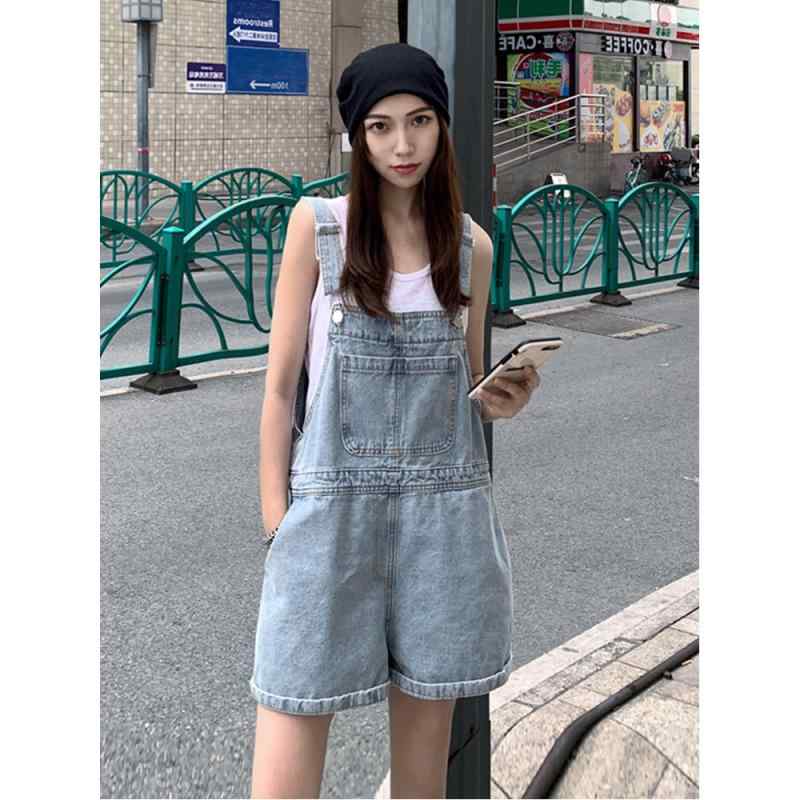 サロペット レディース デニム ショートパンツ 低身長 小柄な方 春夏 薄手 軽量 ゆったり リラックス おしゃれ カジュアル 若見え 細見え 体型カバー ハイウエスト フレア ウォッシュ加工 ライトブルー